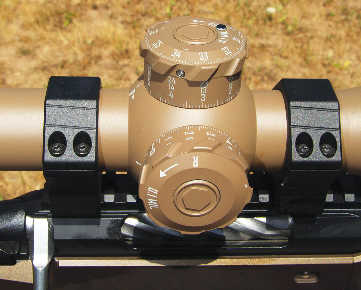 The exposed elevation and windage turrets are unlocked to make corrections by pulling them up until they click, and then pushed back down to lock the settings. Return 2 Zero (R2Z) elevation allows adjustment to 0.5-mil below zero.